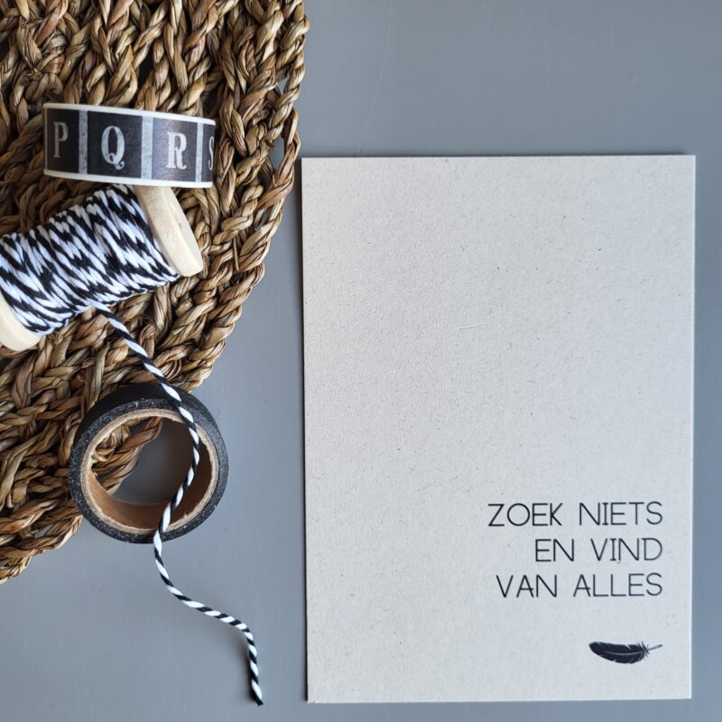 Kaart met quote Zoek niets en vind van alles